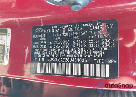 2012 Hyundai Tucson Limited from USA, damaged, VIN KM8JUCAC3CU434036